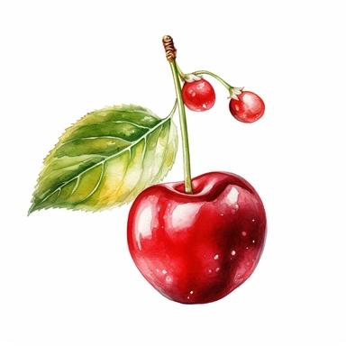 A delightful watercolor clipart of a cherry, elegantly displayed against a clean white background. The watercolor technique beautifully captures the vibrant red color of the cherry, with soft brushstrokes that bring out its glossy sheen and plumpness. The clipart showcases the intricate details of the cherry, from its round shape to the subtle variations in color on its skin. The white background creates a visually striking contrast, allowing the cherry to take center stage and evoke a sense of 