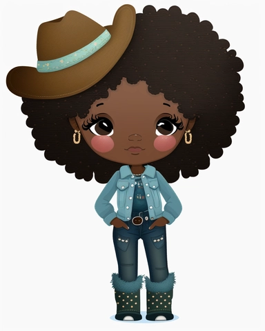 Denim girl clipart, cowboy hat, wearing black knee high boots, Denim clipart, Fashion girl clipart, Jeans Girl Clipart, African American clipart, Afro girls clipart--seed 2829693263,