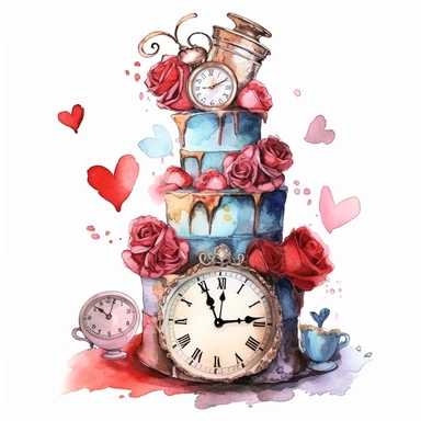An alice in wonderland tier cake, with layers lopsided in different colors, watercolor steampunk style, with clocks, red hearts and red roses, white background, clipart