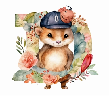 create watercolor clipart of letter D , cute animal in baseball costumes with baseball, incredibly high detail, 16k, gorgeous, white background