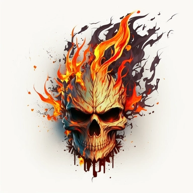 flame skull, surrounded by fire, tempera clipart illustration, dark outline, high definition, bold, clean, crisp, smooth, white background