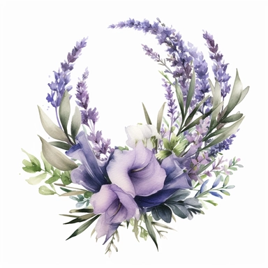 with white background, art Watercolor, Watercolor Crescent bouquet lavender and rosemary floral clipart, hd, high detailed, forest green and lavender purple hue, delicate petals, pastel, muted, soft, subtle, romantic, dreamy, ultra details, high resulution, dynamic lighting, rendering, photo realistic, lightroom gallery, cinematic lighting