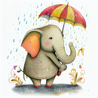 cute smiling elephant holding an umbrella in the rain, artistic and delicate whimsical children's book illustration, hand drawn doodle, clipart, pastel painting with vibrant warm colors, by Amanda Clark and eric carle, white background
