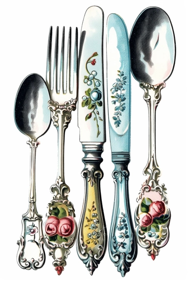 Vintage 1970 Victorian Cutlery Illustration, Chromolithograph, , 1970s Illustration, Vintage, Colorful, Antique, Ephemera, Clipart, 8k, Isolated on white