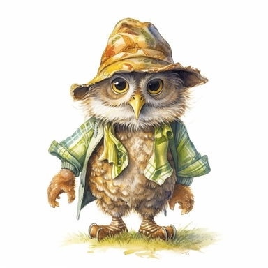 a clipart in the style of Bob Byerley of a magical woodland owl, isolated white background