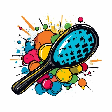 Picture an illustrated clip art of a lively pickleball racket, splashing out a series of vibrant colors from its net, expressing the energetic spirit of the sport. The design should have a cartoonish, playful vibe and a thick black outline for definition. –ar 1:1 –v 5.1 –style raw