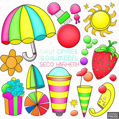 Please create a series of color-pencil clipart illustrations featuring different items related to summer. Each illustration should be drawn in a playful and cheerful style that captures the vibrancy and warmth of the season. Items to include can be beach 