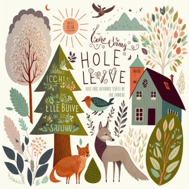 Cozy spring clipart, warm spring clip art. Flowers, seres, fresh leaves rainbow illustration. birds, foxes, reindeer all frolicking amidst the spring foliage, holly and intricate pinecones, of wooden houses, spring-capped mountains, dreamy wintry landscape, berries. type: LIVE, LAUGH, LOVE , antique olive typographic font, flat modern collage type, minimal, Freeform collage, dark background, vector illustration, particles corroded dark red wood, beautiful and dark gray chaos, black frequency, in