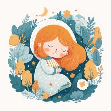 Unique Super Adorable little cute bueautifull cottagecore Girl sleeping in foresst with orange hair, portrait, Clipart on white background, character design, warm tones and orange colors, orange and blue tones, gouache painting, cel shading, vector, clipart, 8k, line art, sacred geometry, transparent background, In the style of Ryo Takemasa, xuan loc xuan, Lisa Audit, Anastasia Suvorova, Jon Klassen, greg tocchini, ultra - detailed, best quality, well composed, vibrant color tone, vibrant colors