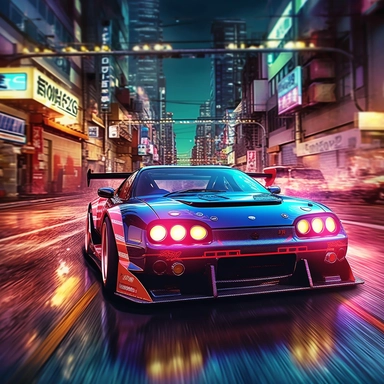 clip art of super tuned wide body kit car driving through flashy japanese skyline light beams reflecting off the car on a cold midnight scene