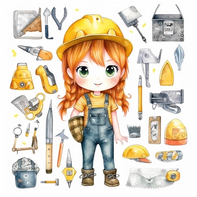 cute kawaii girl builder, construction tools, watercolor white background clipart set single elements with margin