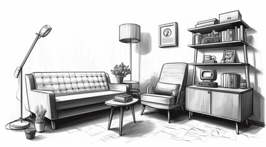 vintage clip art of a living room. In this living roon is an armchair, a telephone, a coffee table with an aquarium on top, a shelf and a painting on the wall. Vintage drawing. White background. Few simple lines. Retro vector