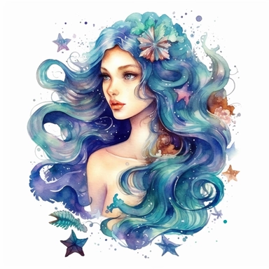 beautiful rich sea mermaid with long hair, sea stars, sea shells, portrait, super high quality, high resolution, watercolor clipart, natural colors, isolated white background, 8k