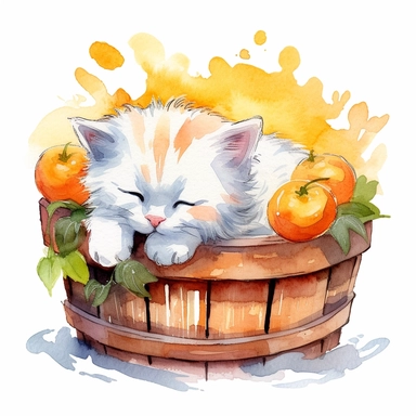 Watercolor white colored persian kitten peacfully sleeping in a laundry basket clipart, persian breed kitten, persian kitten face shape, peacefully sleeping kitten, eyes closed, similing kitten, surrounded by oranges and orange leaf and branches, couple of oranges, high detail oranges, high quality drawing, high quality, body visible, summer colors, hairs are visible, summer day theme, valentines day theme, full body kitten, crawling in basket, peacefull feeling, childlike innocence and charm, s