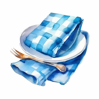 watercolor clipart of a blue gingham tea towel, vintage homely vibes, isolated on white background