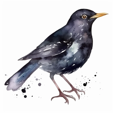 Watercolor blackbird clipart, white isolated background, space out, hd