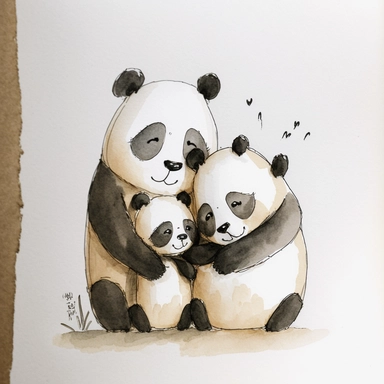 watercolor and ink drawing of a portrait of a family of three happy panda bears, one mom bear, one dad bear, one baby bear, clipart, embracing each other, cute pose, cartoon, doodle, happy, smiling, beautiful watercolor ink wash coloring, thick pencil lines, quentin Blake, Adrian tomine, popular on etsy, watercolor illustrations clipart, watercolor illlustrations for kids and children, book illustrations, plain white background