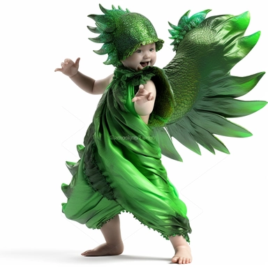 green baby girl Godzilla, looks like an alien, doing high step dance moves, wearing a designer dress made from Phoenix feathers , ultra high fashion, wearing ruby neck scarf, techno lighting, disney cuteness, plain white background, cutout clipart