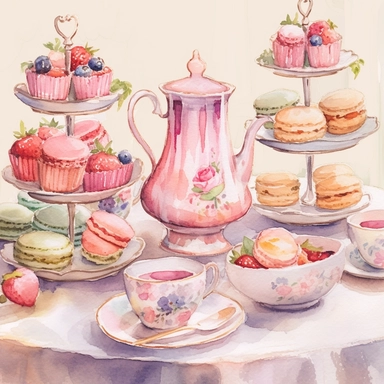 various the cups and teapots in the set with dessert table at a pink rose-themed tea party reminiscent of the traditional British afternoon tea, with a touch of love, featuring an assortment of delectable treats cartoon style, watercolor, pastel color palette, sunday afternoon tea time, different elements of tea time style, clipart, white background no black ground q4 s2.