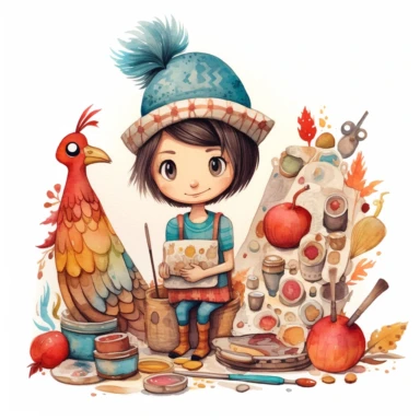 instagram influencer turkey, folk art, watercolor, clipart elements, kawaii, white background, dustin nguyen