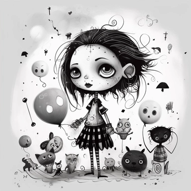 scott sandberg by art on the screen, a print of an illustration, in the style of tim burton, cute and dreamy, messy, tami bone, playful character designs, black-and-white graphic, halloween clipart
