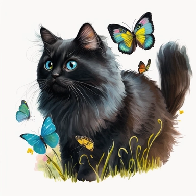A cute fluffy black cat with colorful butterflies, looking at the viewer, clipart, white background, in the style of claude monet