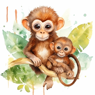 watercolor clipart, sublimations, father monkey and baby monkey on tree, love, cute, white background