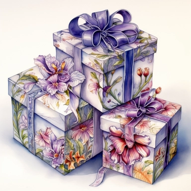 drawing of insanely beautiful floral patterned gift boxes, in the style of beatrice potter and jody Bergsma, tied with a purple silk bow,32k uhd, hand-painted details, pastoral illustrations, amazing colour combinations , aquarellist, hd , white background clipart ,-- no watermark--ar 27:37