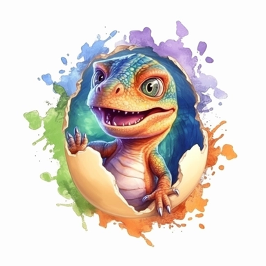 t-rex baby cute dinosaur hatching from egg, realistic, kids cartoon sublimation watercolor clipart design