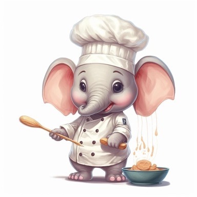 cute baby elephant with long proboscis in a Chef Costume, cartoon clipart, isolated white background, 32k