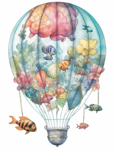 watercolor clipart with white background, hotair balloon with an under the ocean theme design on the hotair balloon, marine life on the desing, incorporate an artistic theme and meticulous attention to stitching and gradients, flat design, clearly defined separated image, high quality