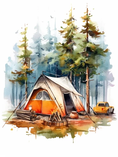 Watercolor painting about camping activities, element, clipart, one by one isolated on tranparent background, no noise, 300 DPI,