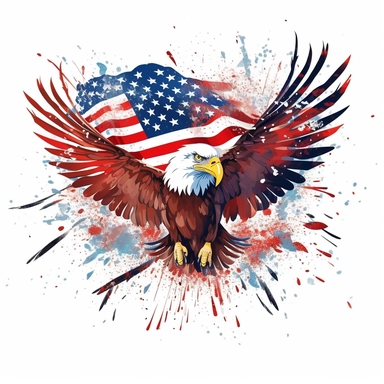 Vector clipart of an American bald eagle carrying an American flag flying in front of a burst of red, white, and blue fireworks. Clean design. White background.