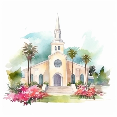 wedding venue, church, adorned with floral arrangements, watercolor clipart, realistic, bright colors, minimalist, isolated white background, 8k