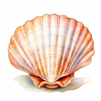 clipart of clam shell, outline only, light watercolour, vintage style, pure white background