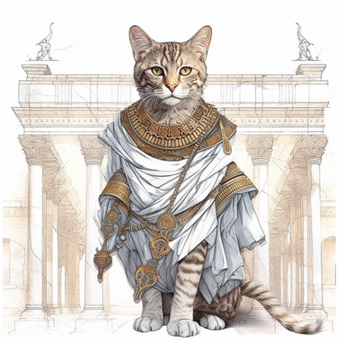 collage quirky cool collage Ancient Roman cat Felis catus clipart, Wearing a formal dress, detailed, clean line, hd, on white background, spaced out