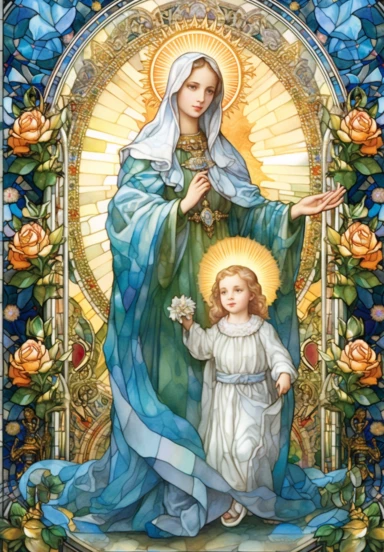 A sharp photograph of an expensive portrait, pay particular attention to the shape of your hands, less watercolor stained glass Madonna and child with matching crowns full body clipart, the Madonna is wearing a medium aquamarine blue mantle with bright white stars on it and the child is wearing a bright white robe, behind them is shimmering bright light, around many blue roses, highly detailed, white background, in the style of Catholic religious art, artist Andrea Lezcano, Vincent Van Gogh, in 