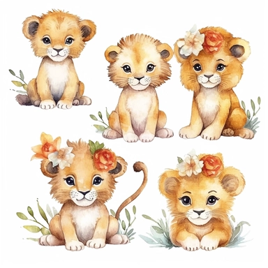 watercolor clipart with white background, baby lions, cute and adorable, clearly defined separate image, high quality--ar3:4-no mockups, watermarks, numbers, writing, letters--q2--v5.1--s1000
