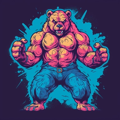 t-shirt design features a vibrant and energetic bear character that exudes a sense of wildness and playfulness. The bear is portrayed in a cartoonish style with exaggerated features, making it instantly eye-catching. The bear is shown standing on its hind legs, towering with an imposing presence. Its body is thick and muscular, emphasizing its strength and power. The fur of the bear is a mix of vibrant colors, like electric blue, neon green, and hot pink, creating a visually striking contrast. T