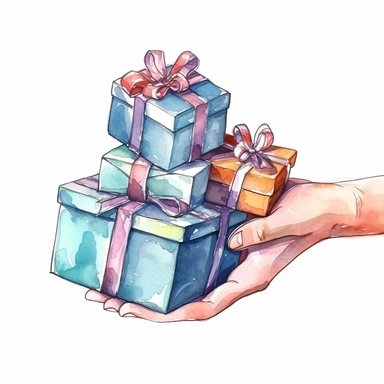 watercolor, Hand with gifts set. Holding present boxes, and holiday packages in festive paper wrapping, tied with ribbon, and bow. Christmas and birthday surprises. png Full body realistic cartoon in 32K UHD cute. 15 cm thick outline. Black color. There was no shadow on the ground. 8k with realistic watercolors and detailed illustrations. PNG clipart, transparent white background