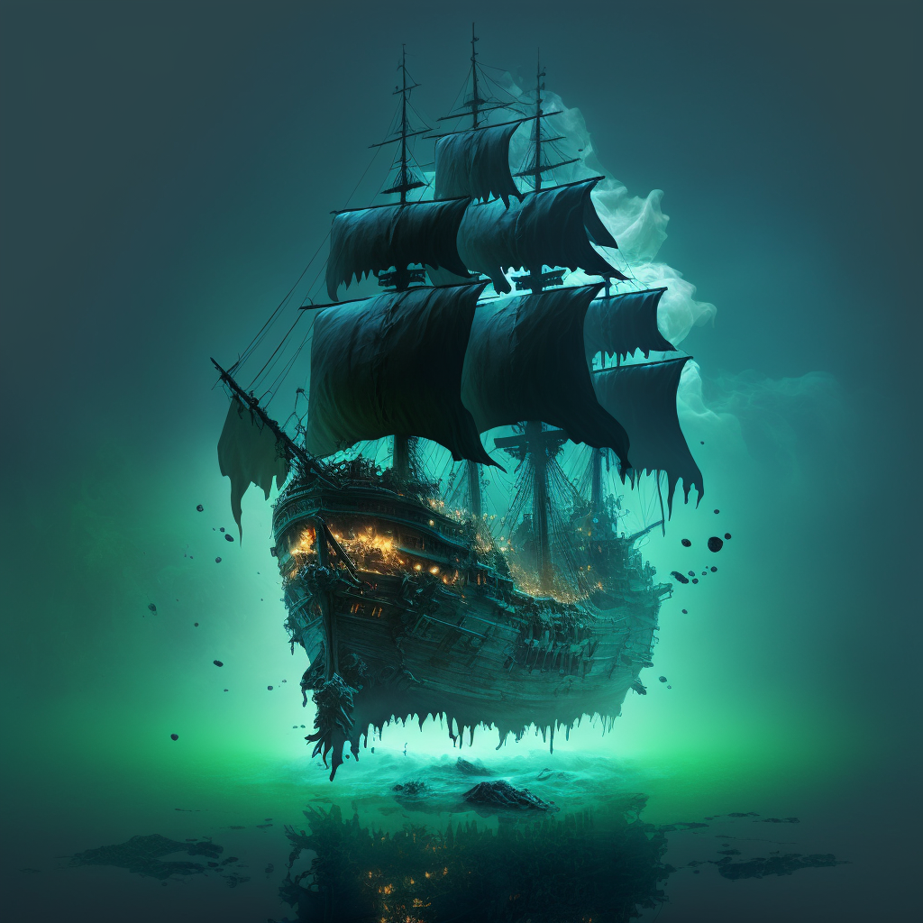 Flying Dutchman ghost ship with torn sails floats ominously through the ...