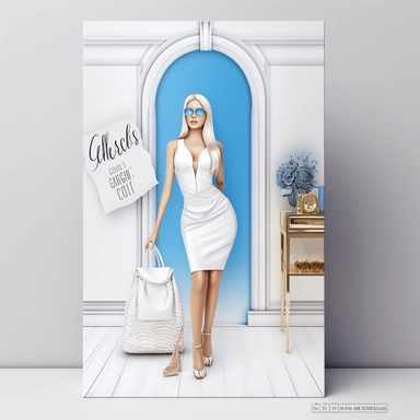 full view, clipart illustration, beautiful blonde lady posing dressed in white bodycon dress, standing in beautiful room with designer clothes on clothes rack and shopping bag, sharp focus, high detail, 8k, photo realistic, transparent background, (--iw 5)