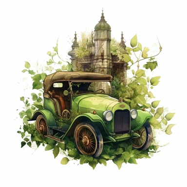 Steampunk styled vintage car with watercolor effect,unrealistic fantastic,white background,suitable for digital cliparts,fantastic scene,high quality,leaves,ivy,green plants