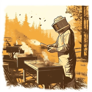 An artistic representation of a beekeeper in full protective gear, using a smoker to calm the bees before inspecting the hive, with other beehives visible in the background. (Digital drawing clipart, image black border color, full body, flat texture, transparent background)