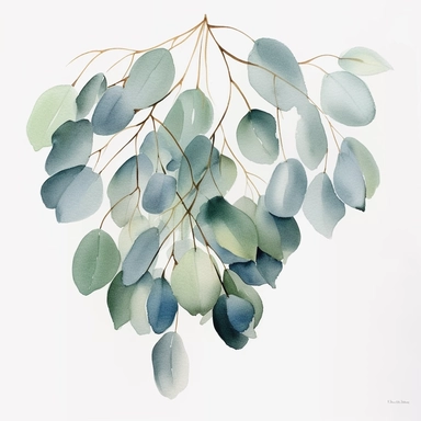eucalyptus leaves in watercolor on the background, watercolor illustratoin, clipart, aquarrellist, flat lay, single twig, in the style of light green and silver, suspended/hanging, glossy finish, subtle surface decoration, comfycore, floral accents, danish design, white background
