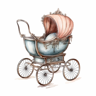 Vintage Victorian baby carriage, clipart style, watercolor technique, super high quality, professional watercolor clipart, high resolution, boho colors, no image noise