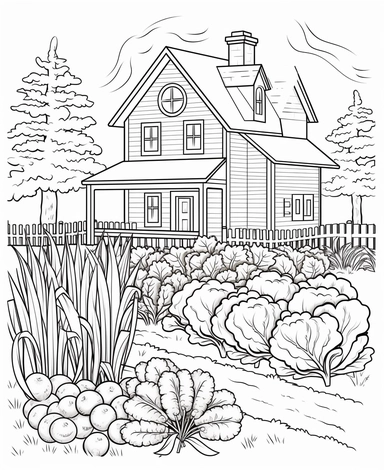 Design a coloring page with a farmhouse surrounded by a lush vegetable garden. Include different types of vegetables like carrots, tomatoes, corn, and lettuce coloring page with Farming background design as an outline art drawing with thick bold clear lines that are neatly joined up together, outline, clipart, no colors, no shadows, no details, HD