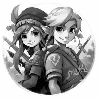 Link and Zelda. black and white. Clipart. Happy