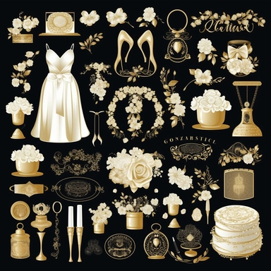 Create a set of 30 elegant shiny, blingy golden and soft, creamy white wedding-themed icons on a deep black background, perfect for digital clipart products and invitations. Include icons such as: Wedding Dress, Tuxedo, Wedding Rings, Bridal Veil, Floral Arrangements, Wedding Cake, Wedding Favors, Wedding Arch, Seating Chart, Wedding Program, Unity Candles, Champagne Glasses, Photo Booth, Props, Wedding Signage, Place Cards, Table Numbers, Bridal Bouquet, Groom's Boutonniere, Wedding Invitation,