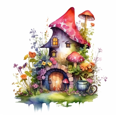 watercolor colorful clipart of a whimsical fairy garden, hd, on white background